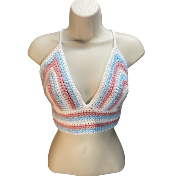 Y2k Crochet Halter Top Bra‎ Striped Pink Blue White Festival Rave Handmade Crop - Picture 1 of 7